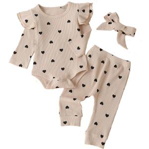 Fullfamous Baby Girl's 3pc Rib Frill Long Sleeve Romper and Pant Set (Ercu With Hearts) 3-6 Months