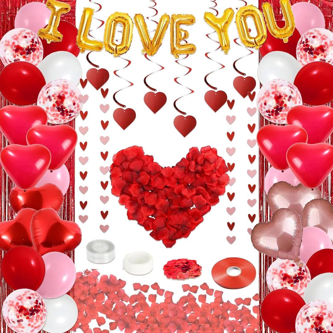 72 Pcs Valentines Day Decor Kit, Happy Anniversary Decorations - Balloon Set, 1000 Pcs Dark-Red Rose Petals, "I LOVE YOU" banner, Multi Decors For Romantic Decorations Special Night