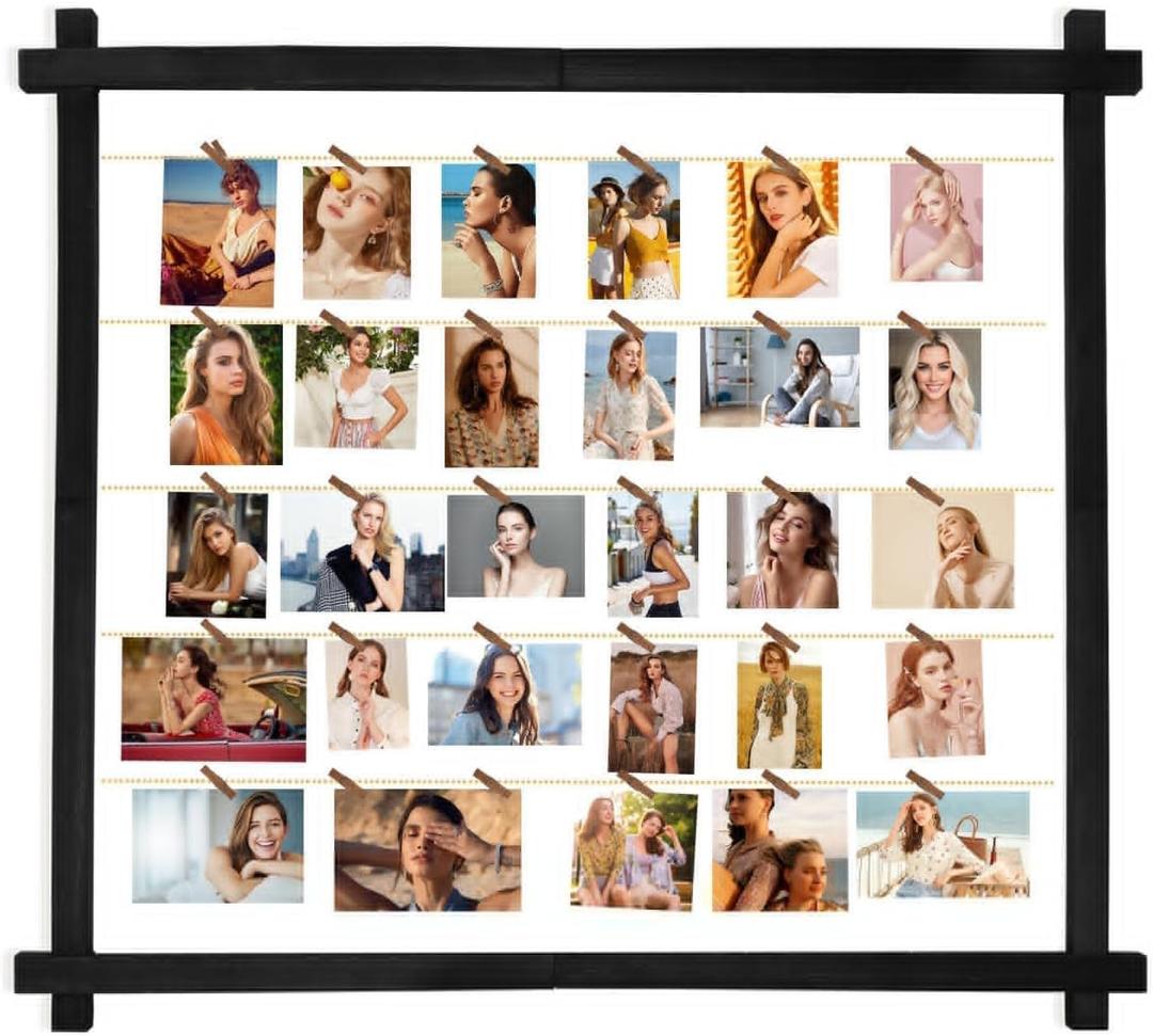Picture Frames Collage,Photo Display Board With Clips,Hanging Picture Wall Decor for Dorm Graduation Letter Postcard Greeting Card Organizer Holder,Pine Wood,Adjustable Metal Bead String,Large,Black (1 Pack)
