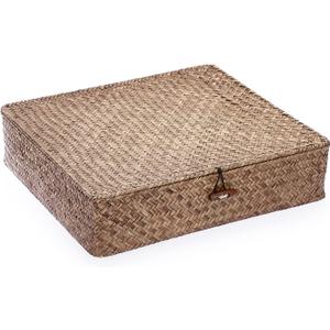Hipiwe Flat Seagrass Storage Basket Bin with Lid Woven Wicker Basket Box Multipurpose Home Organizer Bin Baskets for Shelf Bathroom Home Decor, Coffee X-Large