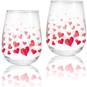 Whaline 2Pcs Valentine's Day Stemless Wine Glasses Clear Drinking Glasses 17oz Red Watercolor Heart Tumbler Cups for Wedding Valentine Party Supplies