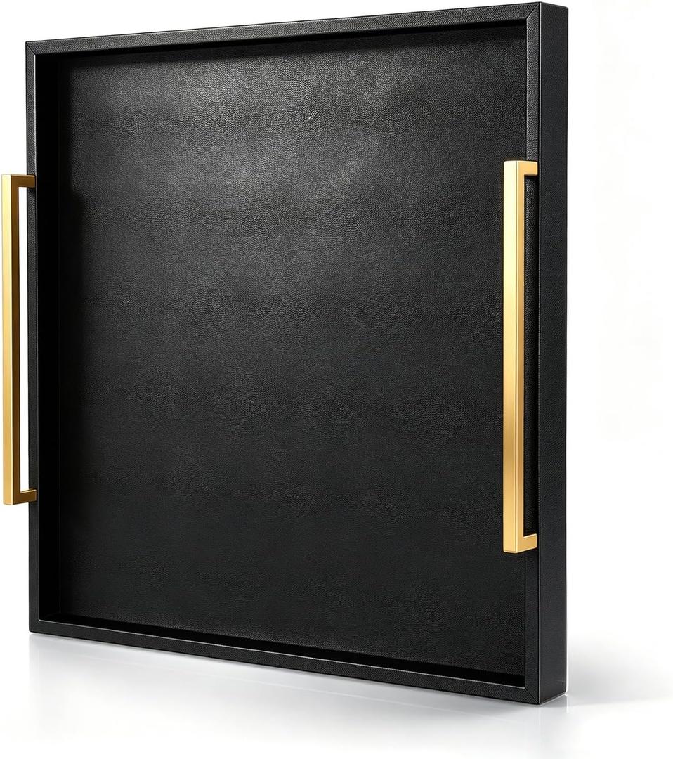 24"x24" Square Extra Large Leather Ottoman Tray with Gold Handles, Black