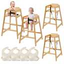 Wooden Baby High Chair, Neoflavie 4 Pcs Stack-able Solid Wood Feeding Seat with 3 Point Safety Harness and 4 Pcs Baby Bibs for Restaurant & Home Use - Natural