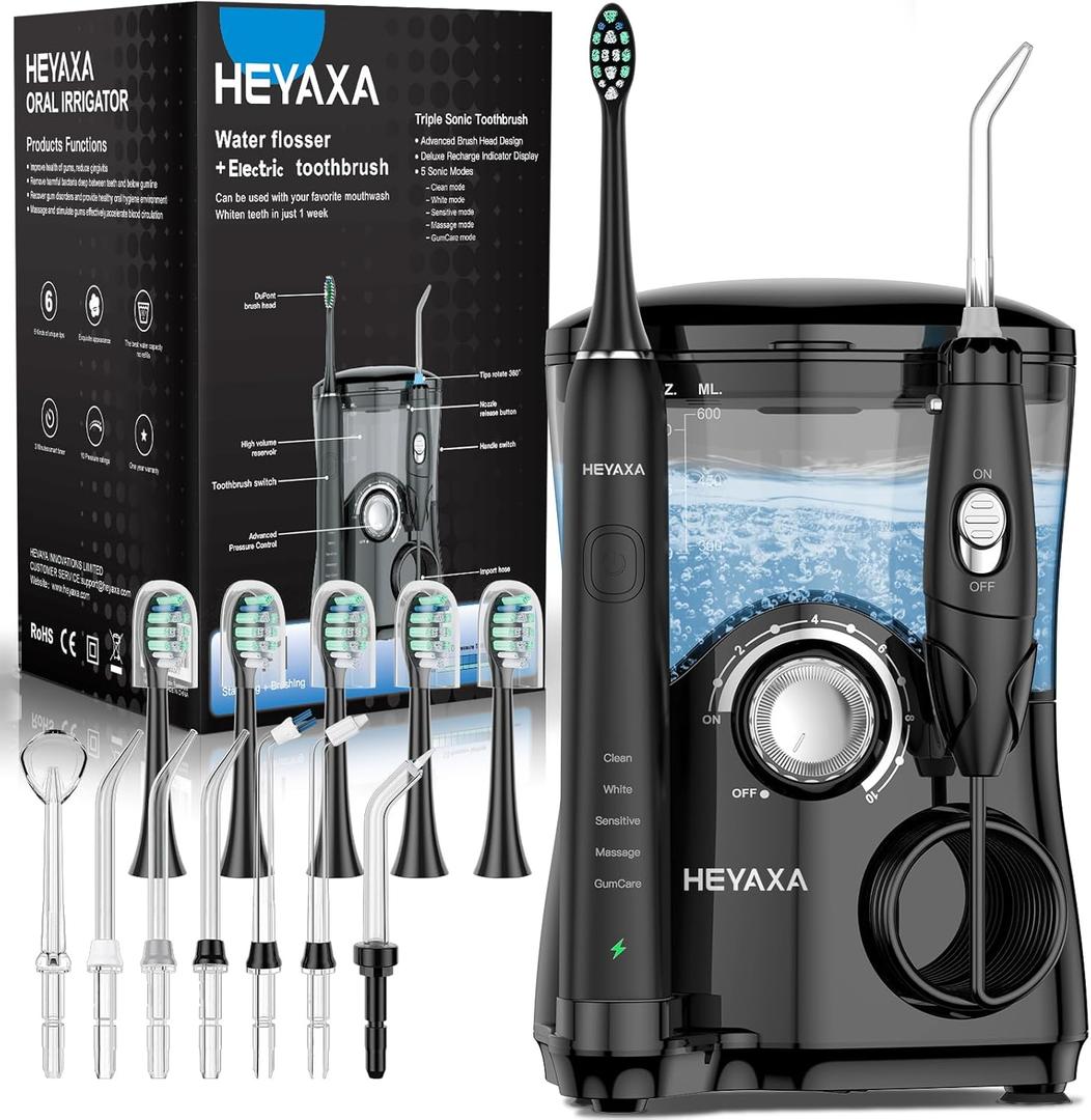 Water Flosser & Ultrasonic Electric Toothbrush Combo, 600ML Water Dental Flosser with 7 Jet Tips, 10 Adjustable Water Pressure, 5 Toothbrush Heads for Home Use, Gums, Braces (Black)