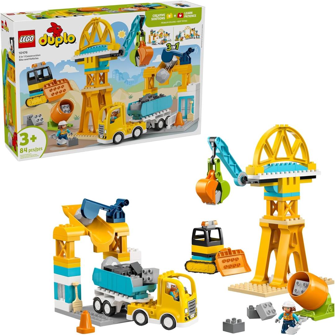 LEGO DUPLO Town 3 in 1 Construction Site and Vehicles Toys for Toddlers - Pretend Play Set for Boys & Girls, Ages 3+ - Building Blocks for Fine Motor Skills Practice - Gift for Birthdays - 10476