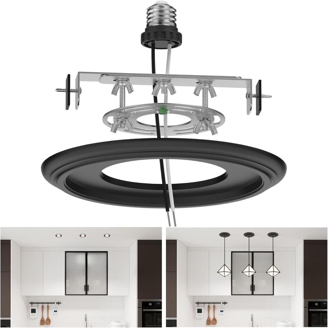 Recessed to Pendant Light Converter Kit - 6 Inch Can Light Conversion, Includes E26 Socket, Mounting Bracket, Round Ceiling Plate & 3D Black Cover