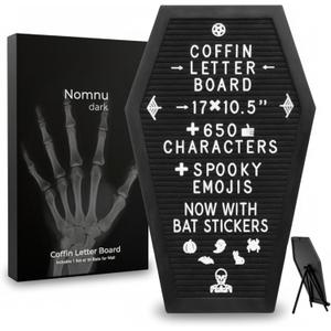 Coffin Letter Board Black +3D Bat Stickers +650 Characters, Spooky & Seasonal Emojis, Wooden Stand - 17x10.5 Inches - Coffin Shaped Goth Decor Sign Witchy Halloween Decorations Gothic Decor Birthday Wedding Home Spooky Gifts