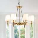 Brass Chandelier 6 Lights with White Fabric Linen Shade 29x52" W Gold Candle Pendant Light Fixture Modern Wagon Wheel Chandeliers for Dining Room Living Room Bedroom