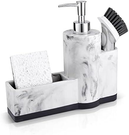 zccz Soap Dispenser with Sponge Holder and Brush Holder, Marble Pattern Kitchen Dish Soap Dispenser Pump Bottle Countertop Sink Caddy Bathroom Organizer Sponge Holder for Sink Storage and