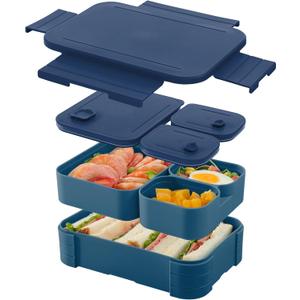 3 in 1 Leak-Resistant Bento Lunch Box For Adults, Teens, & Larger Appetites; Reusable BPA-Free Meal Prep Container with 3 Compartments, Dishwasher/Microwave Safe (Navy Blue)