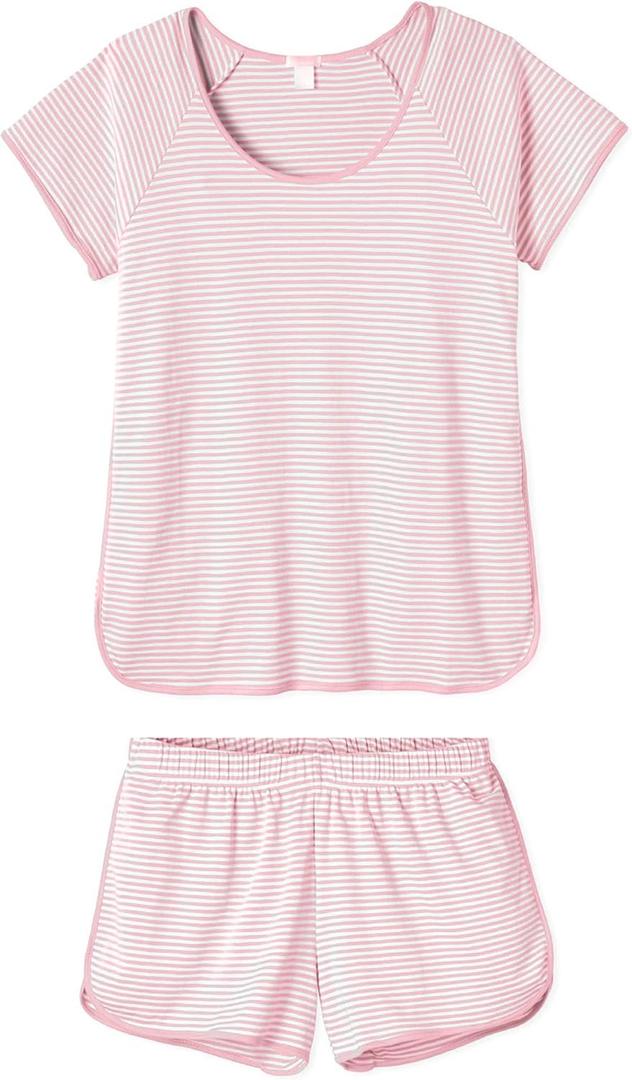 Hilinker Womens Sexy Pajama Set Ruched Lace Trim Cami and Shorts Summer Cute Pjs 2 Piece (Medium, White Pink Stripe)