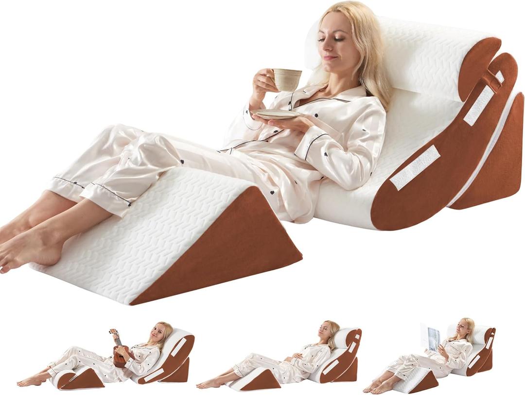 Orthopedic Bed Wedge Pillow Set 4PCS  Memory Foam Pillows for Sleeping, Post Surgery, Back Pain, Sitting Up in Bed, Acid Reflux, Snoring, Leg & Arm Support, White Brown