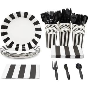 BLUE PANDA 144 Piece Black and White Party Decorations - Serves 24 Striped Party Supplies with Plates, Napkins, Cups and Cutlery for Birthday, Graduation - Emo Birthday Decorations