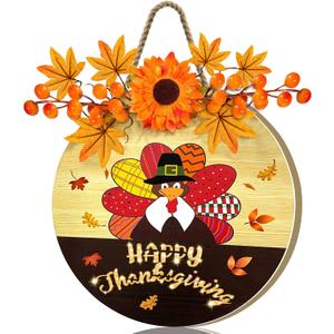 [ Timer ] Lighted Happy Thanksgiving Wreath Sign for Front Door Decor Turkey Maple Leaves Thanksgiving Wood Hanging Sign Battery Operated Warm Light Thanksgiving Decoration Indoor Outdoor Home