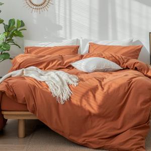 MooMee Bedding Duvet Cover Set 100% Washed Cotton Linen Like Textured Breathable Durable Soft Comfy (Solid Rust Brown, King 104"x90")