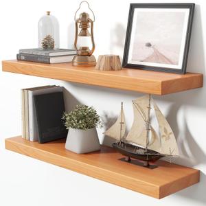 Axeman 36 Inch Floating Shelves for Wall, 9.3" Deep High End Solid Real Wood Wall Shelves with Heavy Duty Invisible Bracket for Living Room, Bedroom, Kitchen, Bathroom, Set of 2, Natural