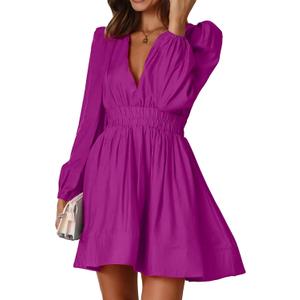 FAIABLE Mini Deep V Sexy Long Sleeve Dress for Women A-line High Waisted Casual Flowy Dress for Cocktail Wedding Guest (Purple, S)
