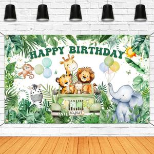 Mocsicka Safari Happy Birthday Banner - Jungle Animal Birthday Party Decorations Banner, Animal Themed for Kids Boys Birthday Party Background Photography Supplies (Greenery, 70.8 x 43.3 Inch)