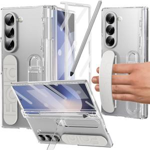for Samsung Galaxy Z Fold 5 Case with S Pen Holder & Slim Stylus, Z Fold 5 Kickstand Case with Hand Strap Hinge Protection Screen Protector Raised Edge Protection Cover Case for Z Fold 5 Clear