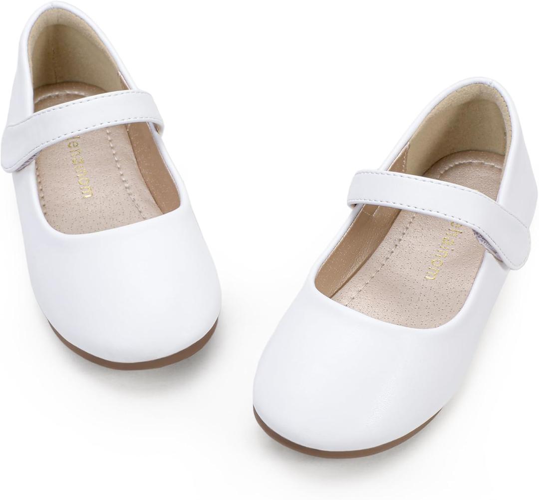 Hehainom Toddler Girls Flats Mary Jane Flower Girl Dress Shoes School Wedding Party Shoes(White Pu 9 M US Toddler)