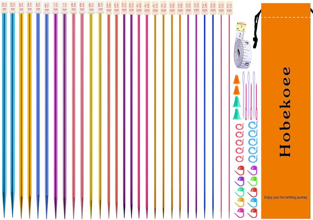 Hobekoee 60pcs Aluminum Knitting Needles Set,Colored Straight Single Pointed Stainless Steel Knitting Needle Kit,13.8inch Length for DIY Handmade Knitting with Knitting Accessories,14 Size 2mm-10mm