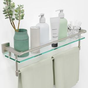 24-Inch Modern Wall-Mounted Bathroom Glass Shelf with 1 Shelf, Brushed Nickel, 1 Towel Bar, 45 lbs Weight Capacity, 24-inch With Railing