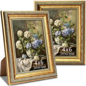 4x6 Picture Frames, Ornate Vintage Gold Photo Frames with HD Glass for Wall Decor or Tabletop Display, 4 x 6 gold picture frame with Distressed Rust-Like Finish, Retro Home Decor, 2 Pack