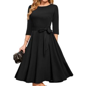 DRESSTELLS Black Dress Women for Cocktail Tea Party, Formal Wedding Guest 3/ 4 Long Sleeve Church Mother of The Bride Prom Evening Gown Gala Modest Funeral Dresses, Plus Size 2XL