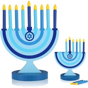 Hanukkah Menorah for Kids Wooden Chanukah Candle Holders with Removable Candles Traditional Candles Menorah 9 Candles Hanukkah Candle Holder for Kids Jewish Gifts Decorations Party Favors (Blue)