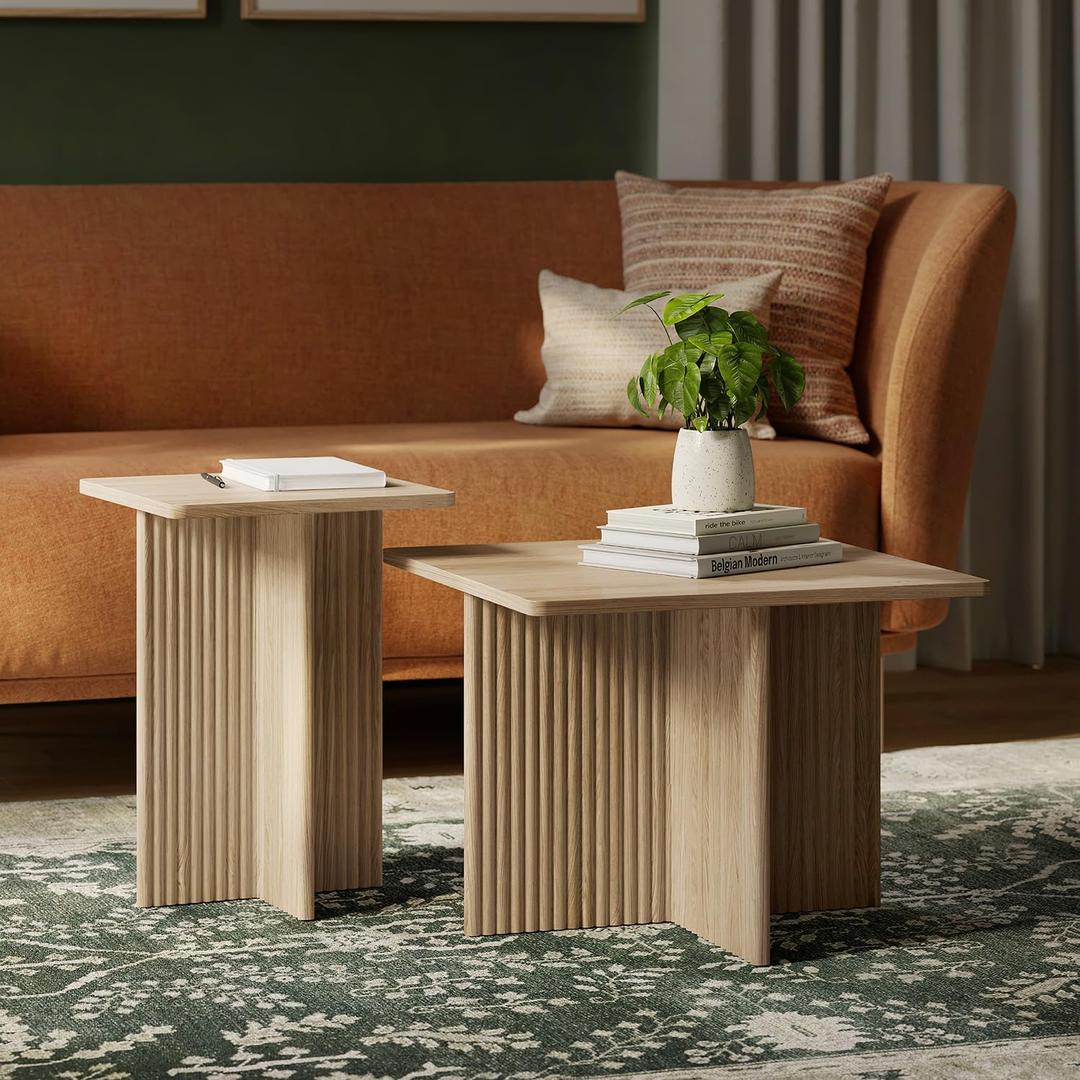 Square Fluted Nesting Coffee Table - Low Profile 2 Piece Square Coffee Table Set - Living Room Furniture - Modern Home Decor - Fluted Style with Solid Oak Base (Natural Oak)
