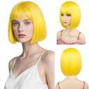 Bob Wigs with Straight Flat Bangs 12" Synthetic Fiber Hair Includ Wig Cap Yellow Wig for All Women Halloween Costume Party Colorful Wigs (Yellow)