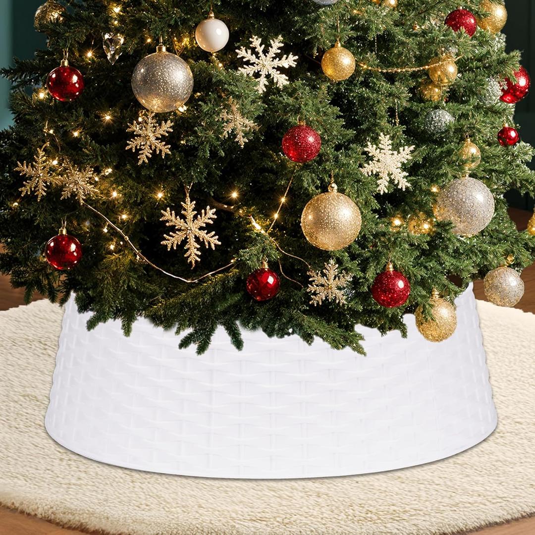 Round Christmas Tree Skirt 26 Inch - Plastic Woven Look Design, Interlocking Sections for Easy Setup,Gift for Christmas and Halloween Decoration Trees with a Height of Less Than 7 FT