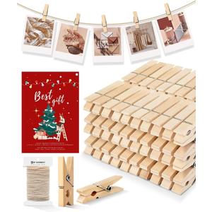Mini Clothespins, Mini Clothes Pins for Photo, 100 Pack Wooden Small Clothes Pin with 32 FT Jute Twine String, Tiny Decorative Clothespin for Little Baby Shower Photos Clips Pictures Crafts Display