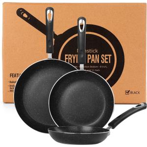 Frying Pan 3-Piece Set, Nonstick Skillet Set for Induction Cooktop, Frying Pan Nonstick 8 Inch+9.5 Inch +11 Inch (Black), 3P-BLK