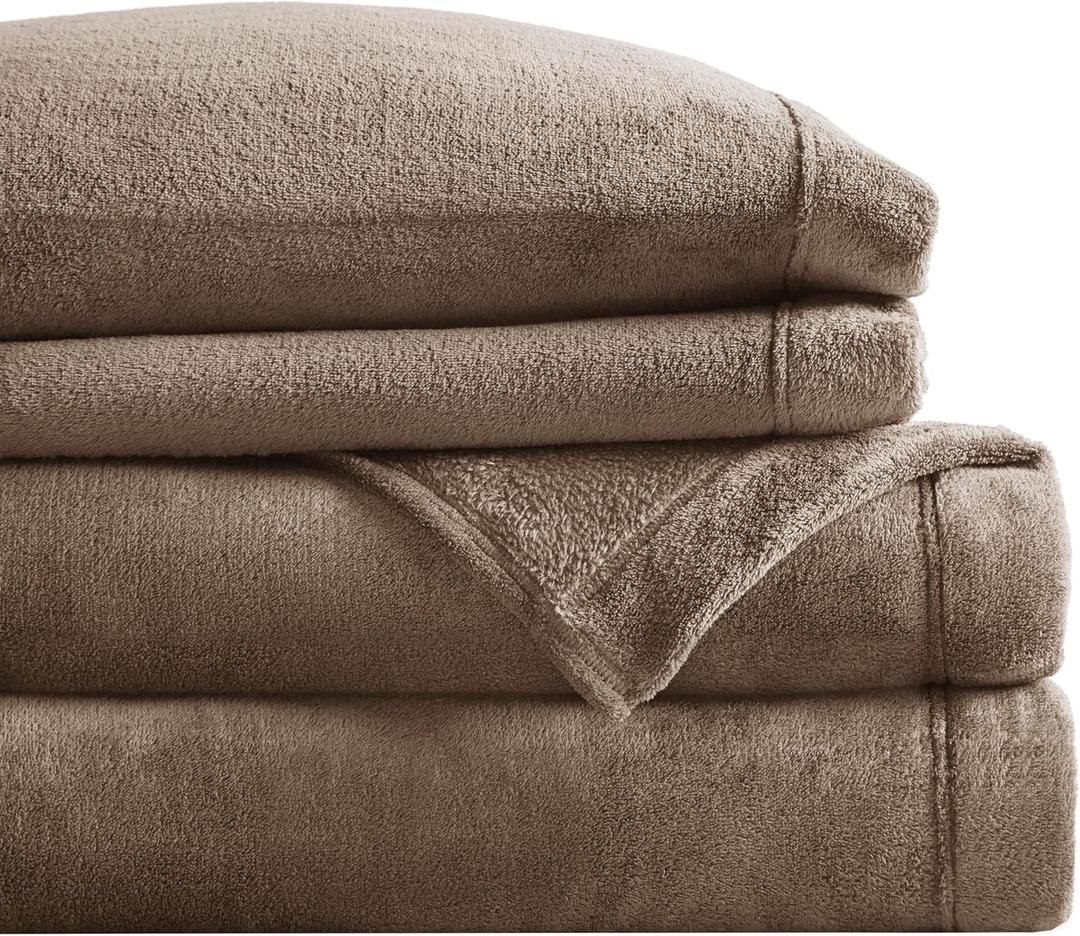 True North by Sleep Philosophy Plush Sheet Set Queen, Solid Color, Warm & Soft Bedding Queen Size Sheets, Fitted Pocket Fits Up to 16" Mattress, Soloft, Queen, Brown, 4 Piece