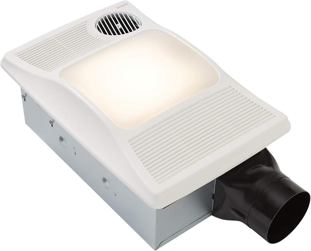 Broan 100HL Bathroom Fan, 100 CFM for 4" Ducts w/100W Max Incandescent Light (Not Included) & Heater - White