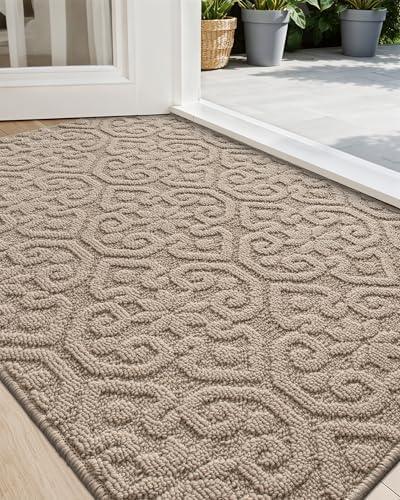 DEXI Front Door Entryway Mat Non Slip, 2x3 ft Washable Inside Entrance for House Floor Low Profile, Thin Entry Doormat Absorbent Dirt Trapper, Light Taupe