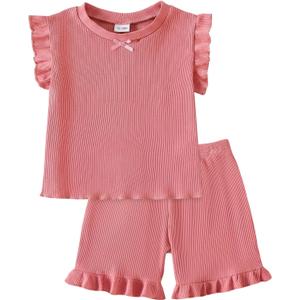 Baby Girl Clothes Toddler Summer Outfits Cute Ruffle Sleeveless Tops + Elastic Waist Shorts Set 2Pcs (Peach Pink), 2-3 Years Old