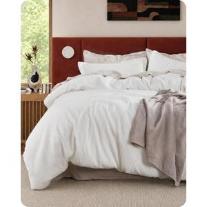 Bedsure PureWoven 3 Pieces 100% Cotton Waffle Duvet Cover Set, King, White