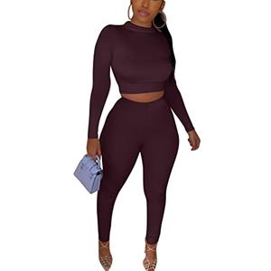 Kaximil Women's Workout Tracksuit 2 Piece Outfits Long Sleeve Crop Top High Waist Legging Pants Set, Large, Dark Chocolate