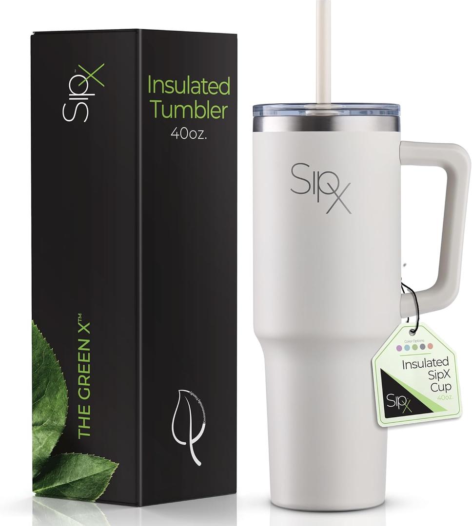 SIPX™ 40 oz Insulated Tumbler with Handle & Straw – Vacuum Insulated Stainless Steel, Leakproof, Cupholder Friendly – Perfect for Iced Coffee, Water & Travel – White