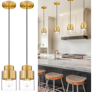 2-Pack Pendant Lights Kitchen Island, Brushed Gold Dual Shade Hanging Lights Fixtures with Metal and Clear Glass, Brass Kitchen Pendant Lighting Over Island for Dining Room, AD-24022-1P2-GD