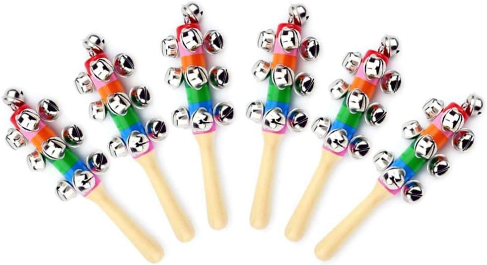 6Pcs Wooden Jingle Hand Bells,Rainbow Handle Wooden Bells Jingle Stick Shaker Rattle Baby Kids Children Musical Toys