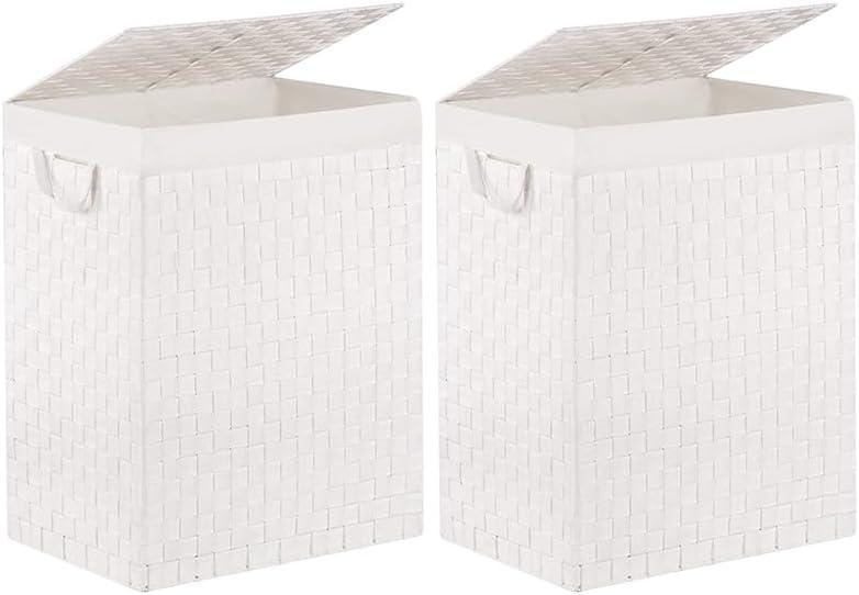 Foldable Laundry Hamper Basket with Lid by Fiona's magic, Handwoven 96L Large Clothes Hamper with Removable Liner Bags, Collapsible Tall Hamper for Bedroom, Bathroom and Dorm Organizer, 2Pack, White