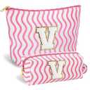 SEFORICO Initial Makeup Bag - Cute Makeup Bag Girl Makeup Bag, Personalized Gifts Teen Girl Gifts Toiletry Bag Cosmetic Travel Bag Makeup Bags Daughter Gifts Mom Gift Birthday Gifts for Women (Pink V)