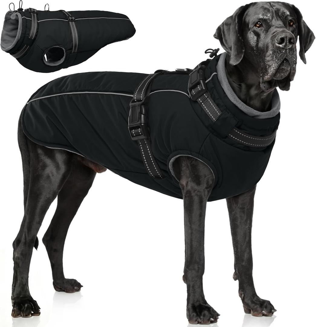 PUMYPOREITY Dog Jackets for Large Dogs, Warm Dog Winter Coat with Harness Built in, Fleece Jacket with Back Zipper, Cold Weather Coats for Outdoor, Waterproof & Windproof Pet Snowsuit, Black, XL