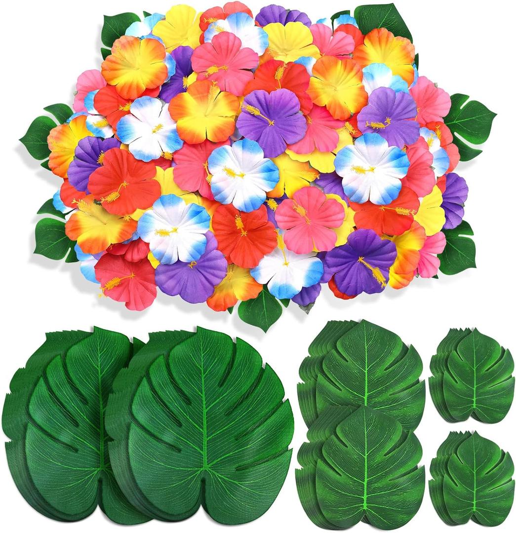 120Pcs Luau Party Decorations Fake Plants Palm Leaves Monstera Hibiscus Flowers Simulation Artificial Leaf for Hawaiian Luau Safari Parties Jungle Beach Wedding Birthday Theme Party Table Decorations  X-Large