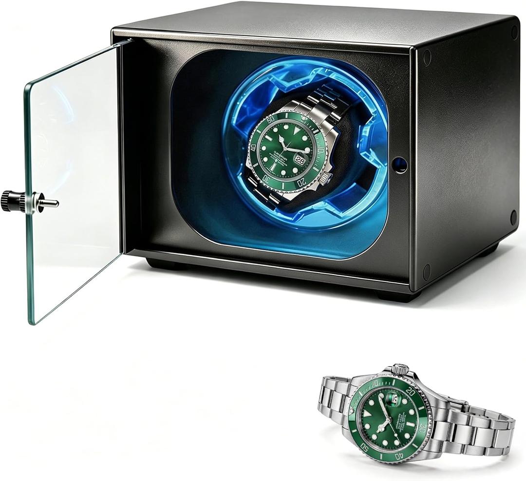 Single Watch Winder for Automatic Watches,Ultra-Quiet Japanese Motor,Premium Anodized Aluminum Watch Shaker with Soft Blue Light & Tempered Glass,Luxury Watch Case Gift for Men,Fits Rolex,Omega