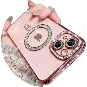Magnetic Glitter Diamond for iPhone 13 Pro Max Case[Compatible with MagSafe] Sparkle Rhinestone Camera Lens Protector Plated,Crtstal Clear Slim Military Drop Shockproof Cover for Women,Pink