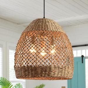 17.7" Large Rattan Chandelier Boho Dining Room Light Fixture Woven Pendant Lights 3-Lights Wicker Hanging Ceiling Lighting for Kitchen Island Laundry Room Bedroom Foyer Hallway Restaurant (H008)